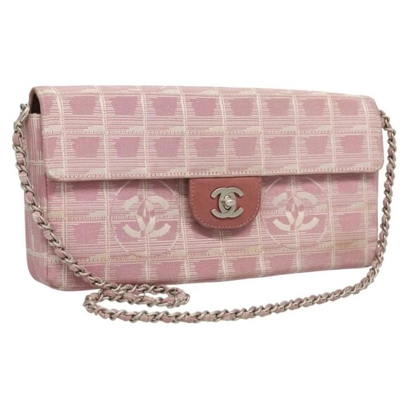 CHANEL New Travel line Choco Bar Chain Shoulder Bag Nylon Pink CC Auth 121966 - Picture 1 of 16